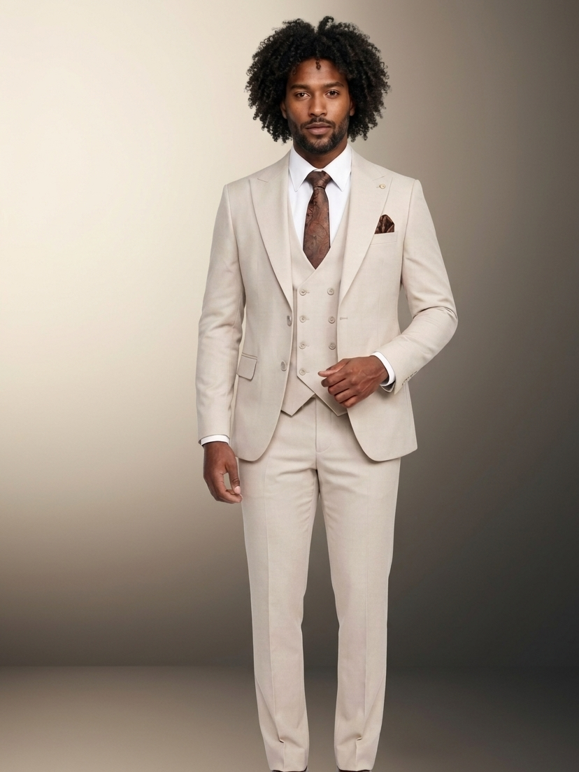 Man wearing a beige suit with a brown tie and pocket square against a neutral background