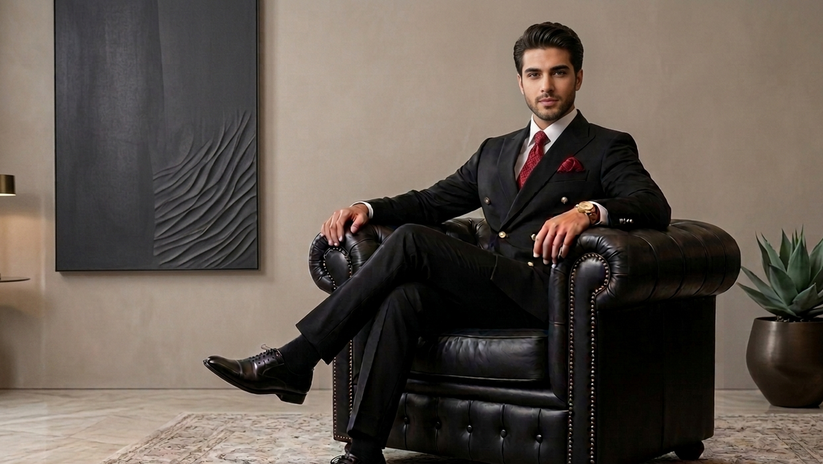 Man in a suit sitting on a leather armchair in an elegant room.